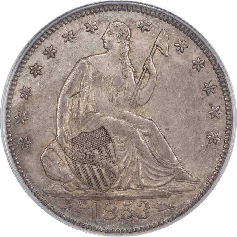 1853 Seated Liberty Half Dollar PCGS and CAC AU50 Arrows and Rays