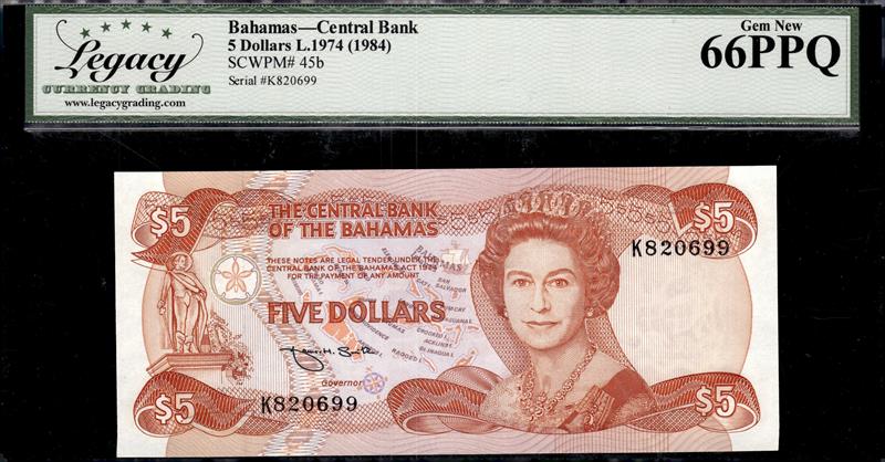 Bahamas Central Bank 5 Dollars L. 1974 1984 Gem New 66PPQ 