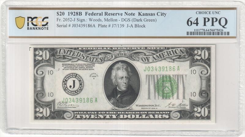 Fr. 2052-J 1928B $20 Fed Reserve Note Kansas City PCGS 64 PPQ  