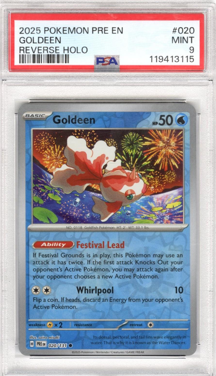 2025 Pokemon Pre En Goldeen Reverse Holo #020 PSA Mint 9 