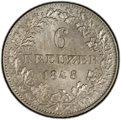 View 1848 German States: Frankfurt. 6 Kreuzer. PCGS MS67  image 2