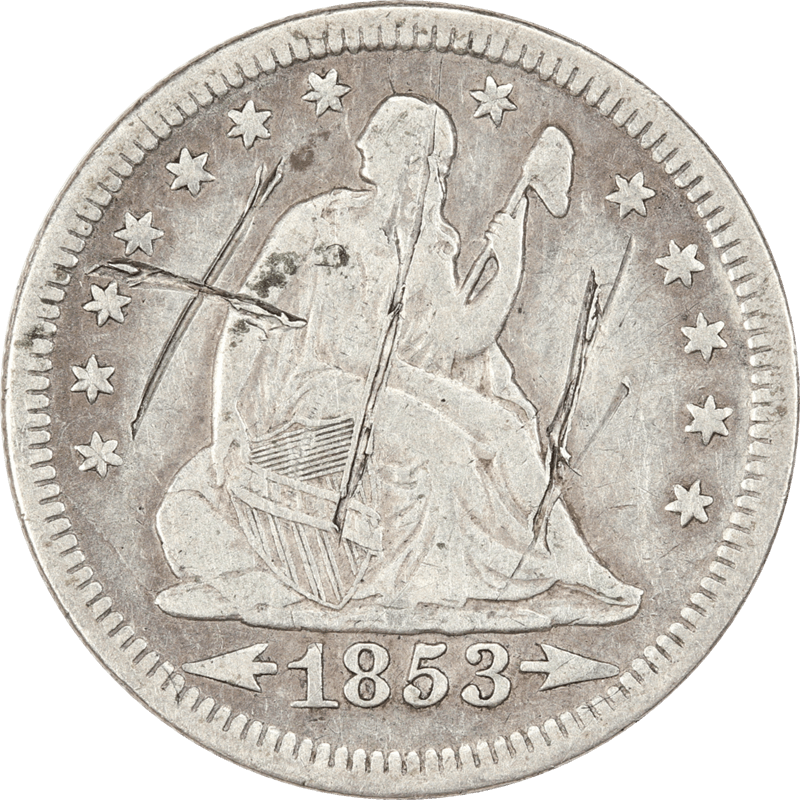 1853 Arrows & Rays, Seated Liberty Quarter, 25c Circulated VF - Damage Obverse