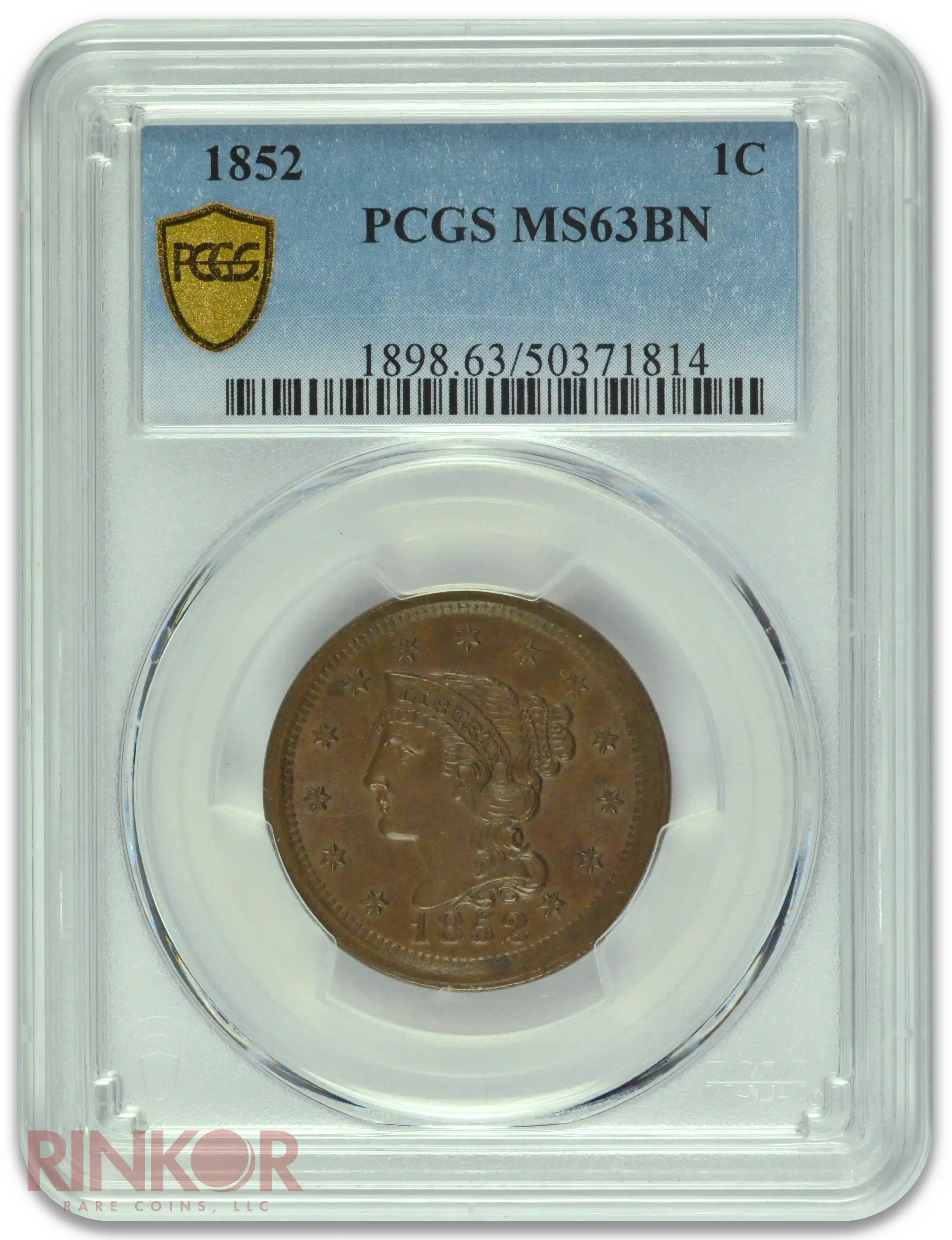 1852 Braided Hair Large Cent PCGS MS 63 BN