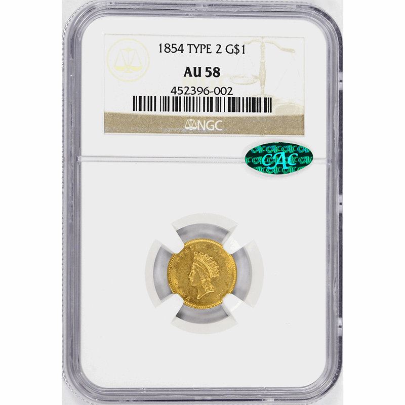 1854 G$1 Gold Indian Princess Head TYPE 2 - NGC AU58 CAC - Great Luster