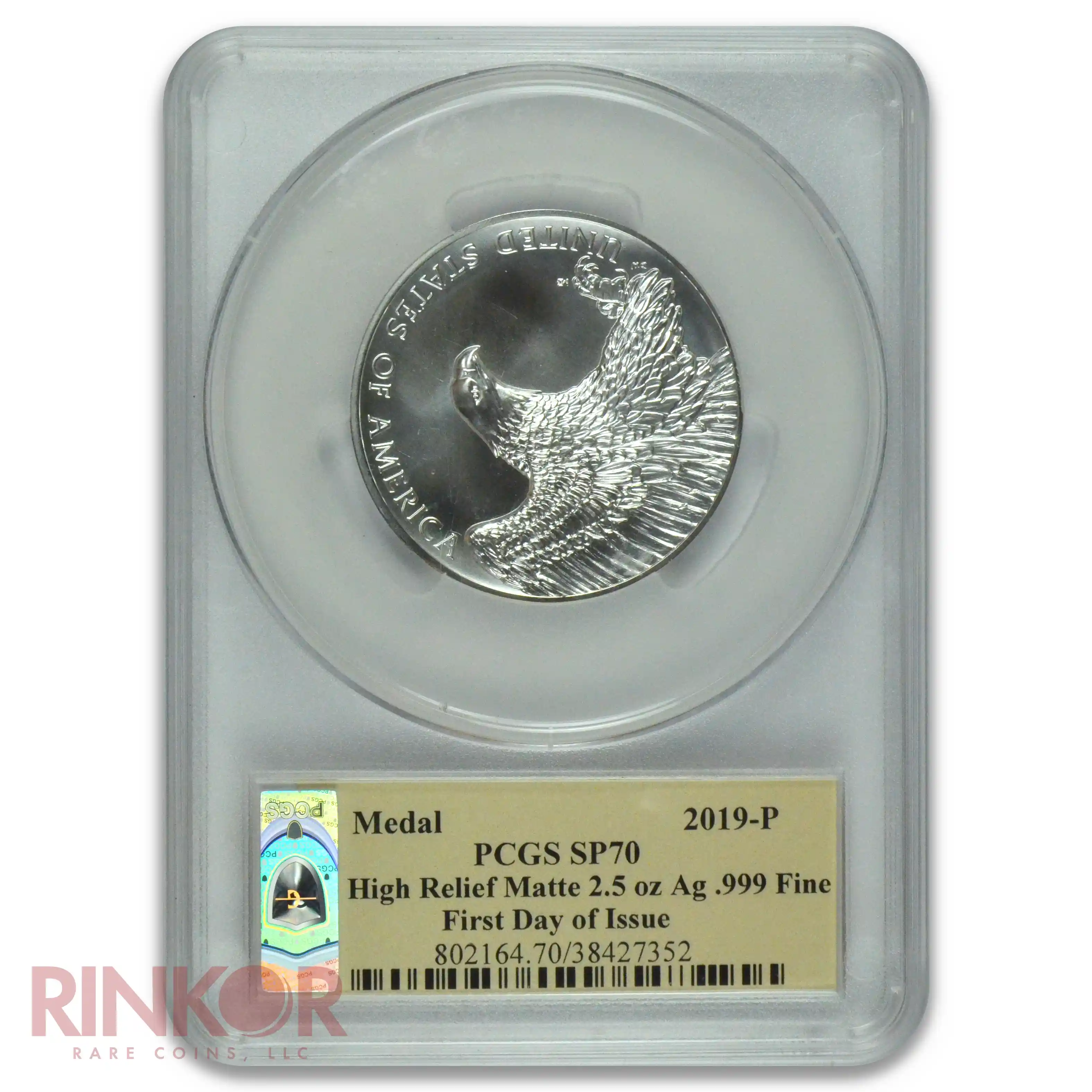 2019-P High Relief Matte 2.5oz Silver US Mint Medal First Day of Issue PCGS SP 70