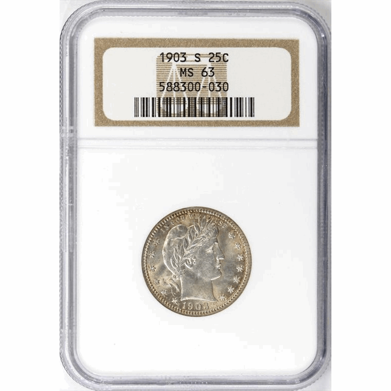 1903-S 25c Barber Silver Quarter - NGC MS63 - Great Luster - Light Toning