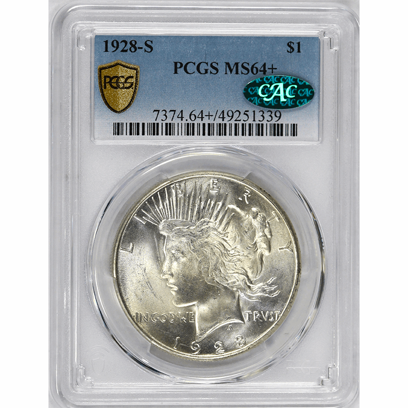 1928-S $1 Silver Peace Dollar - PCGS MS64+ CAC - Lustrous - Key Date