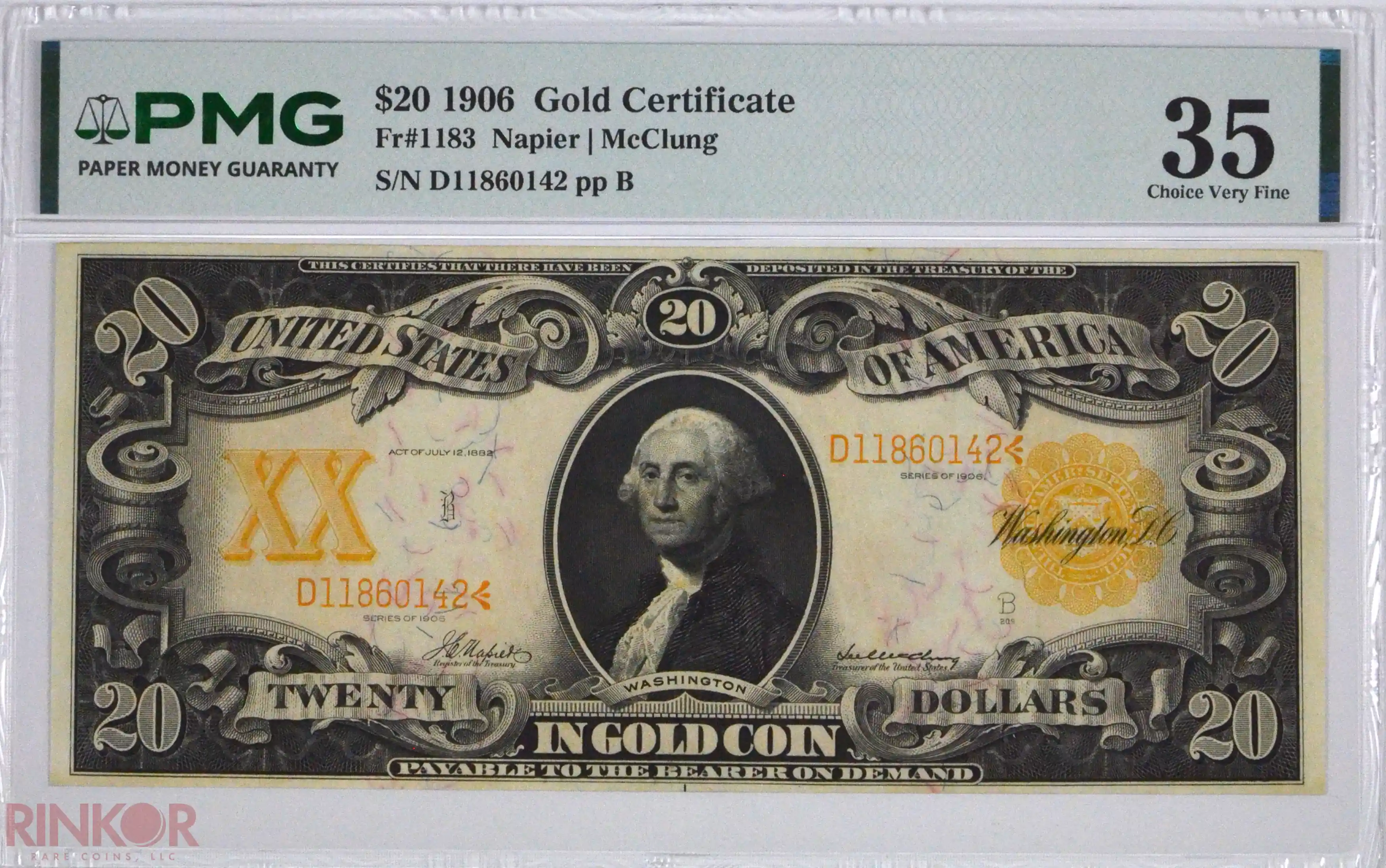 1906 $20 Fr. 1183 Gold Certificate PMG VF-35