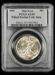1944 50C Mint Error Tilted Partial Collar Strike PCGS AU55
