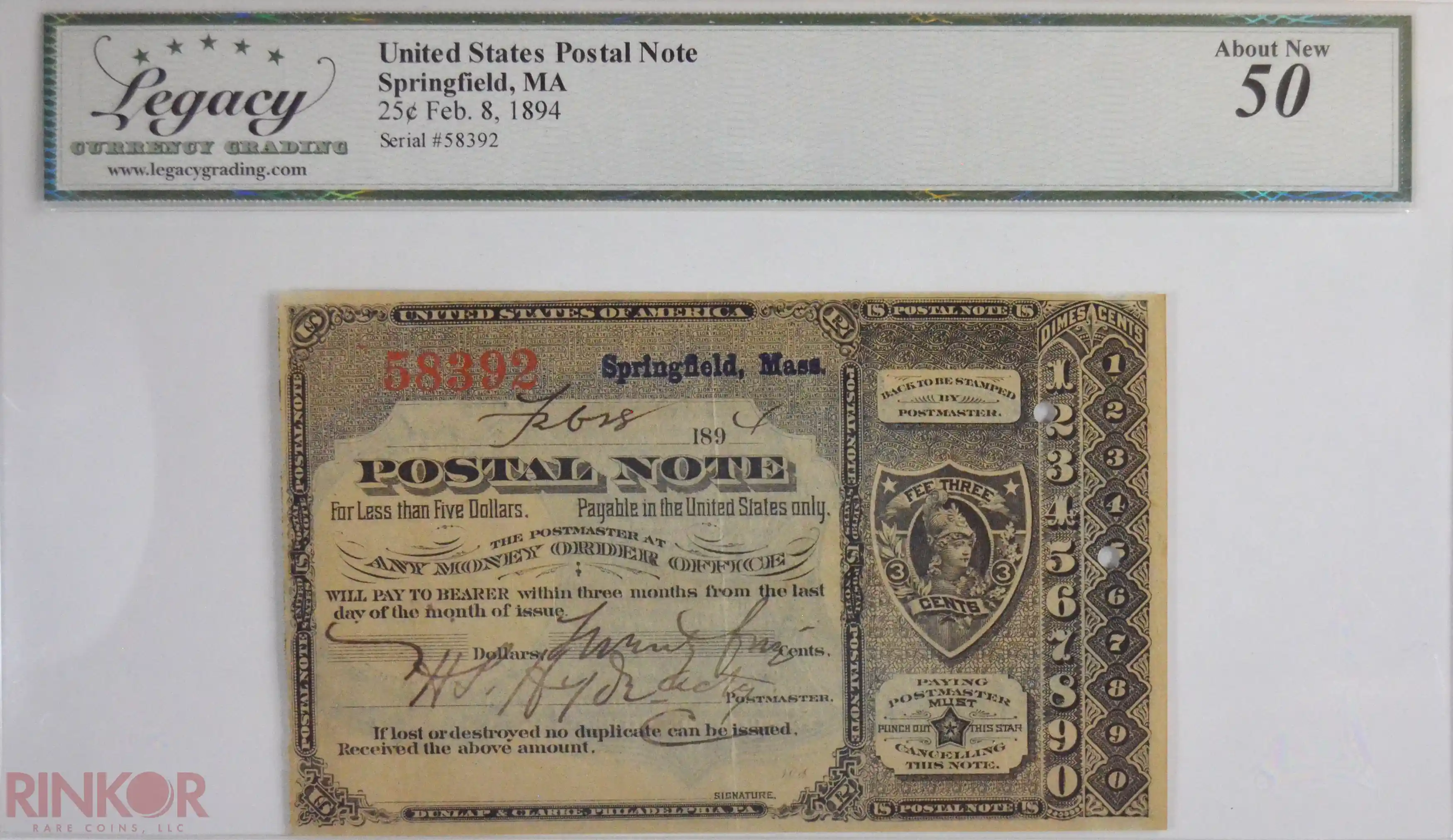 1894 United States Postal Note Springfield, MA LCG AU-50