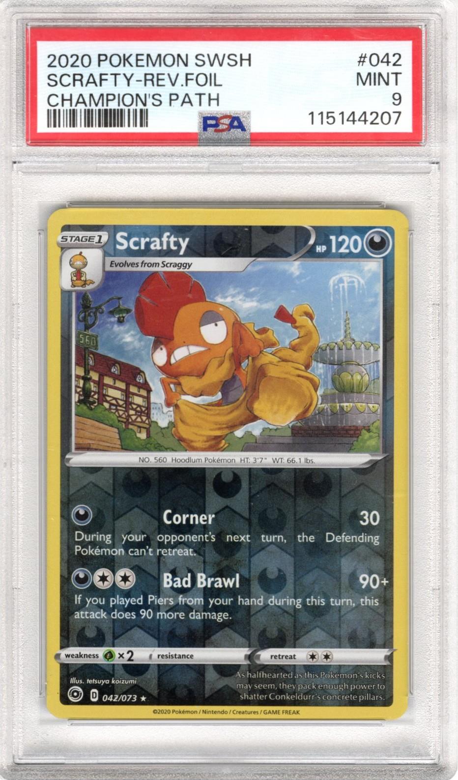 2020 Pokemon SWSH Champions Path Scrafty Rev Foil #042 PSA MINT 9 