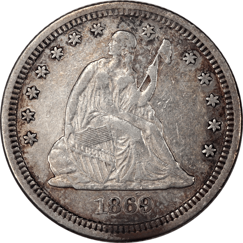 1869 Seated Liberty Quarter With Motto, Raw Choice Extra Fine - Low Mintage