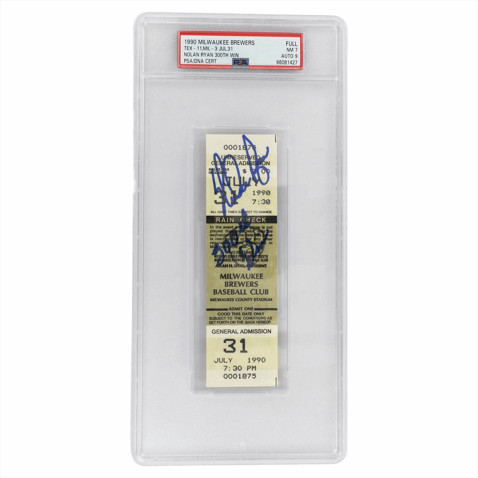 1990 MILWAUKEE BREWERS TEX-11 MIL-3 JUL.31 NOLAN RYAN 300TH WIN PSA/DNA CERT FULL NM7 AUTO 9 