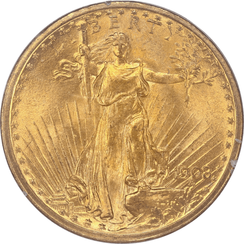 1908 No Motto  St. Gaudens $20 Gold Double Eagle, PCGS MS64 CAC (Rattler Holder)