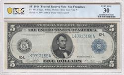 Fr. 891A 1914 $5 Blue Seal Type A Federal Reserve Note San Francisco PCGS Very Fine 30 