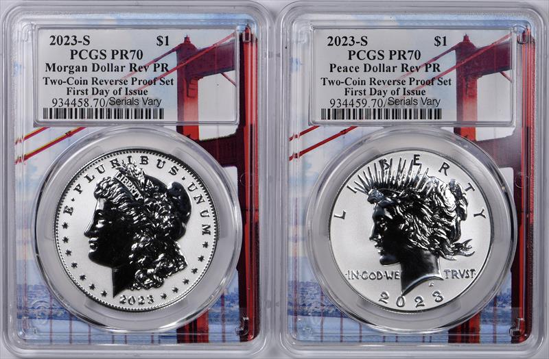 2023-S $1 Reverse Proof Morgan & Peace 2 Coin Set PCGS PR70 FDOI SF Holder Label 