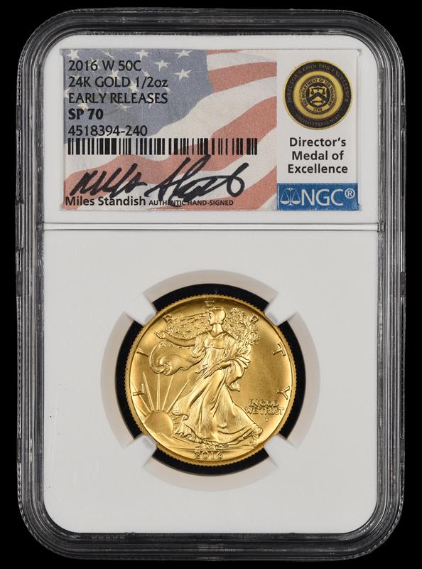 2016 W 50C 24K Gold 1/2oz Early Releases Miles Standish Signature Label NGC  SP70