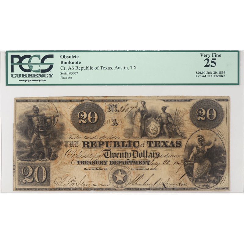 1839 Republic of Texas $20 Cr. A6,  PCGS Very Fine 25, S/N 3607