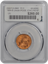 1954-S Lincoln PCGS  (CAC) RD 67 