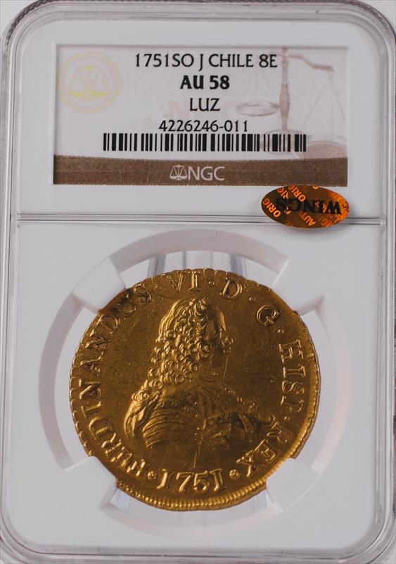 1751SO J Chile Gold 8 Escudo NGC AU58 LUZ WINGS 