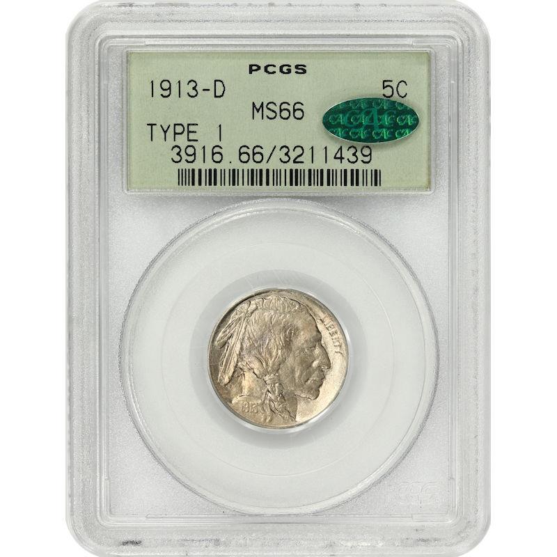 1913-D  T1 Buffalo Nickel 5C PCGS and CAC MS66 Type one Variety
