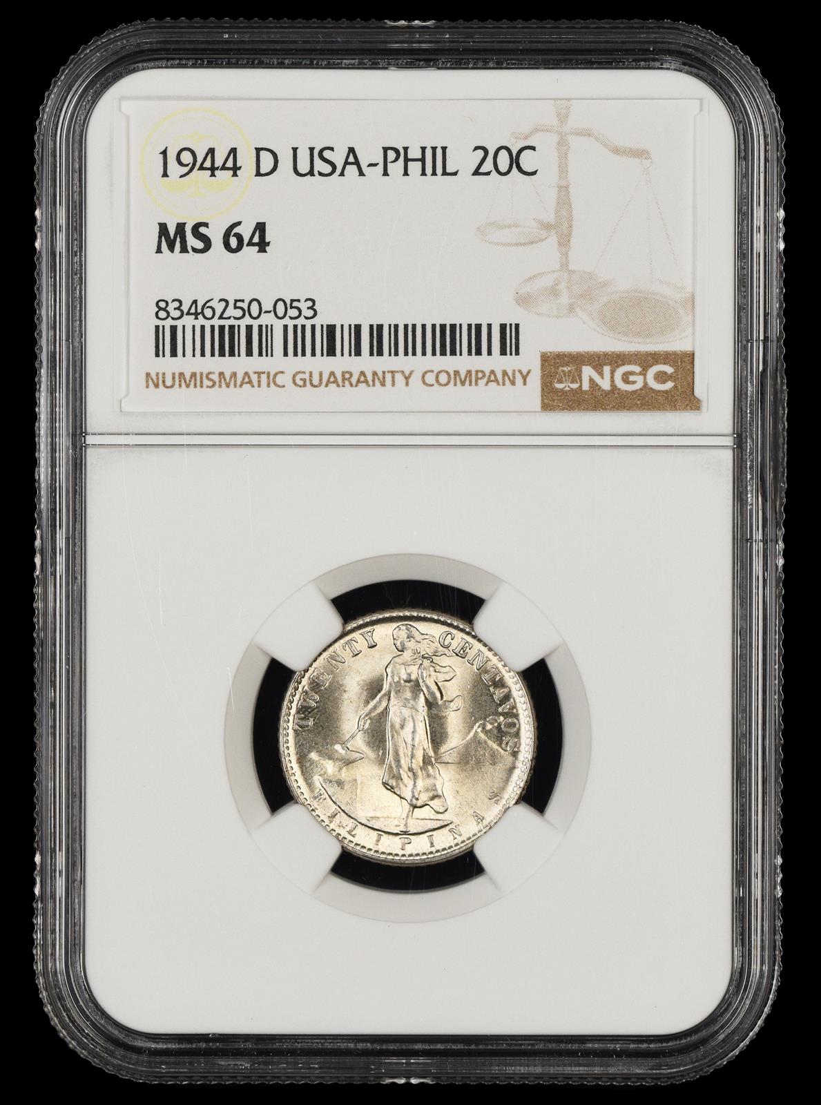 1944 D Philippines 20 Centavos NGC MS64