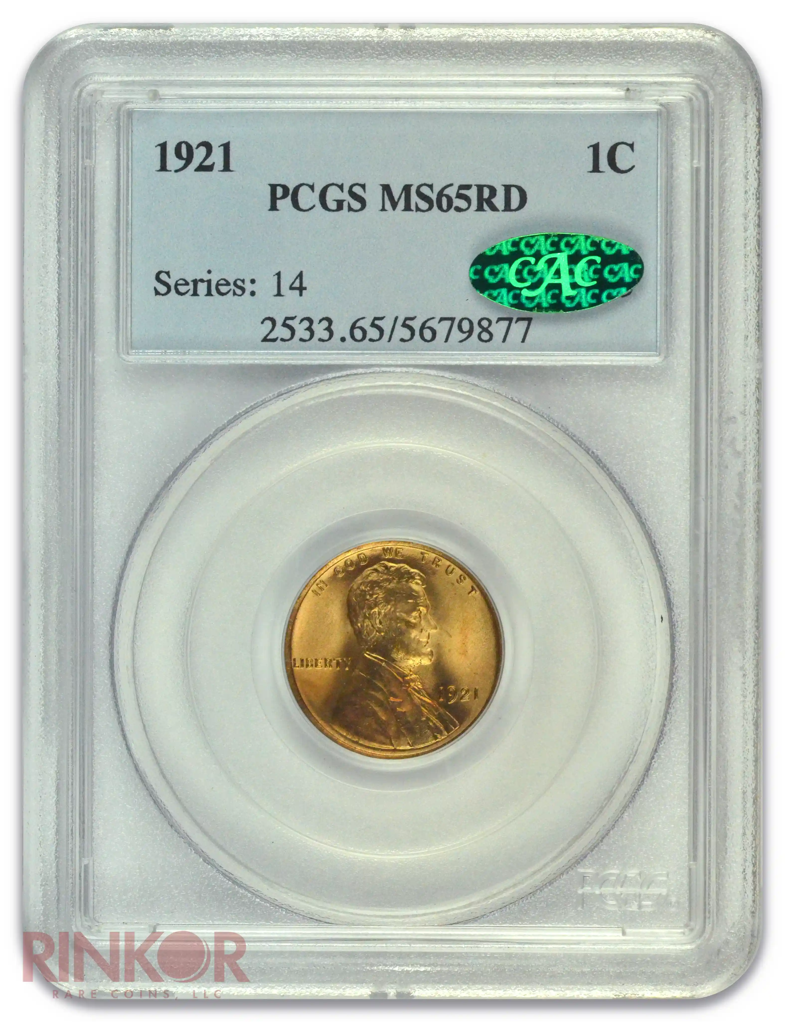 1921 Lincoln Wheat Cent PCGS MS 65 RD CAC