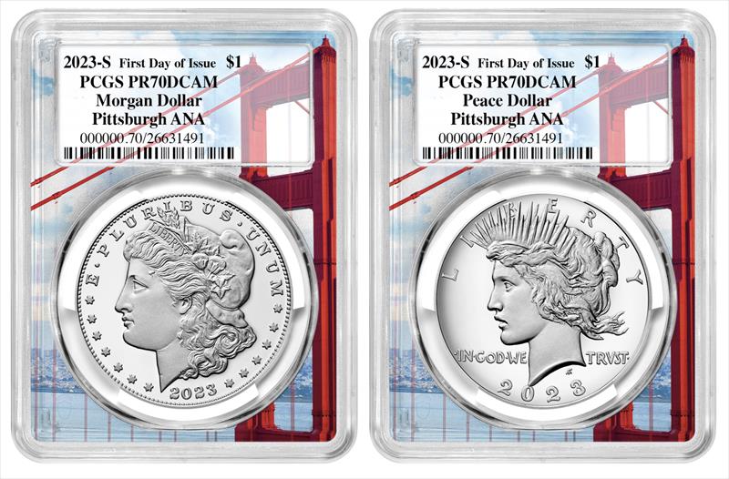 2023-S PCGS PR70 FDOI ANA RELEASE SILVER PROOF MORGAN & PEACE DOLLAR SET 