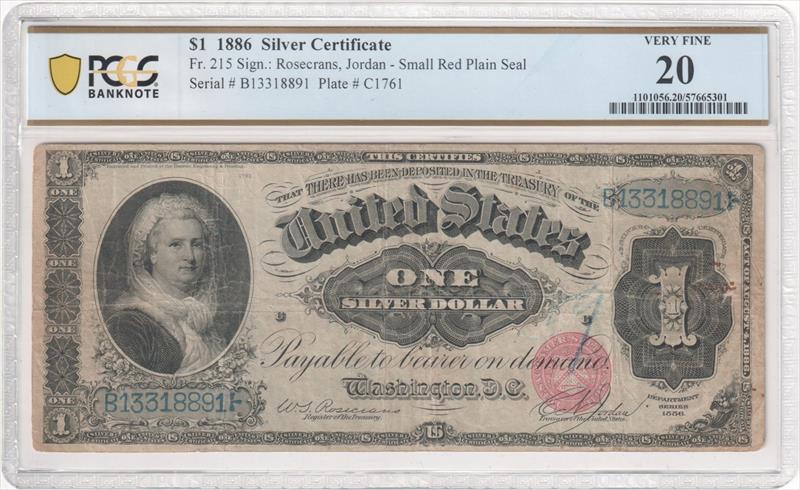 Fr. 215 1886 $1 Silver Certificate Small Red Plain Seal PCGS VF20 