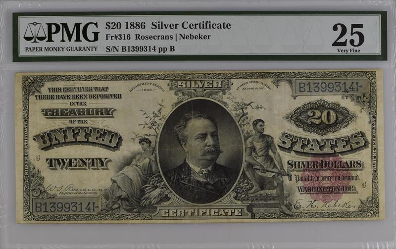 Fr. 316 1886 $20 Silver Certificate PMG VF25 
