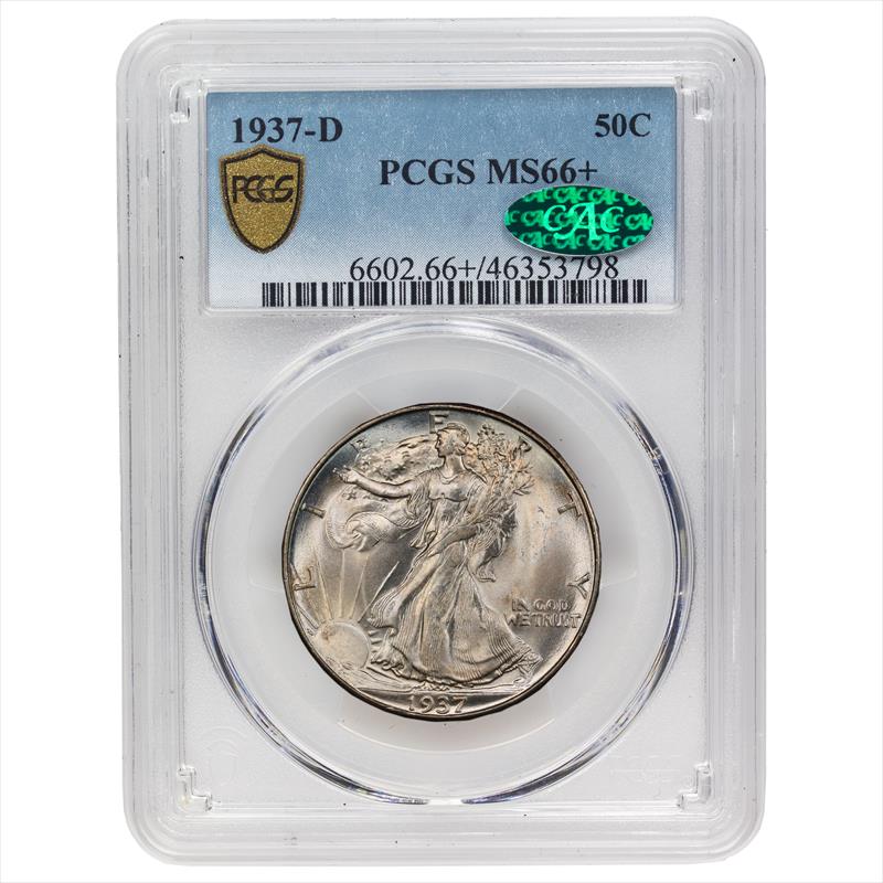 1937-D Walking Liberty Half Dollar, 50c PCGS MS66 + CAC - White, Better Date