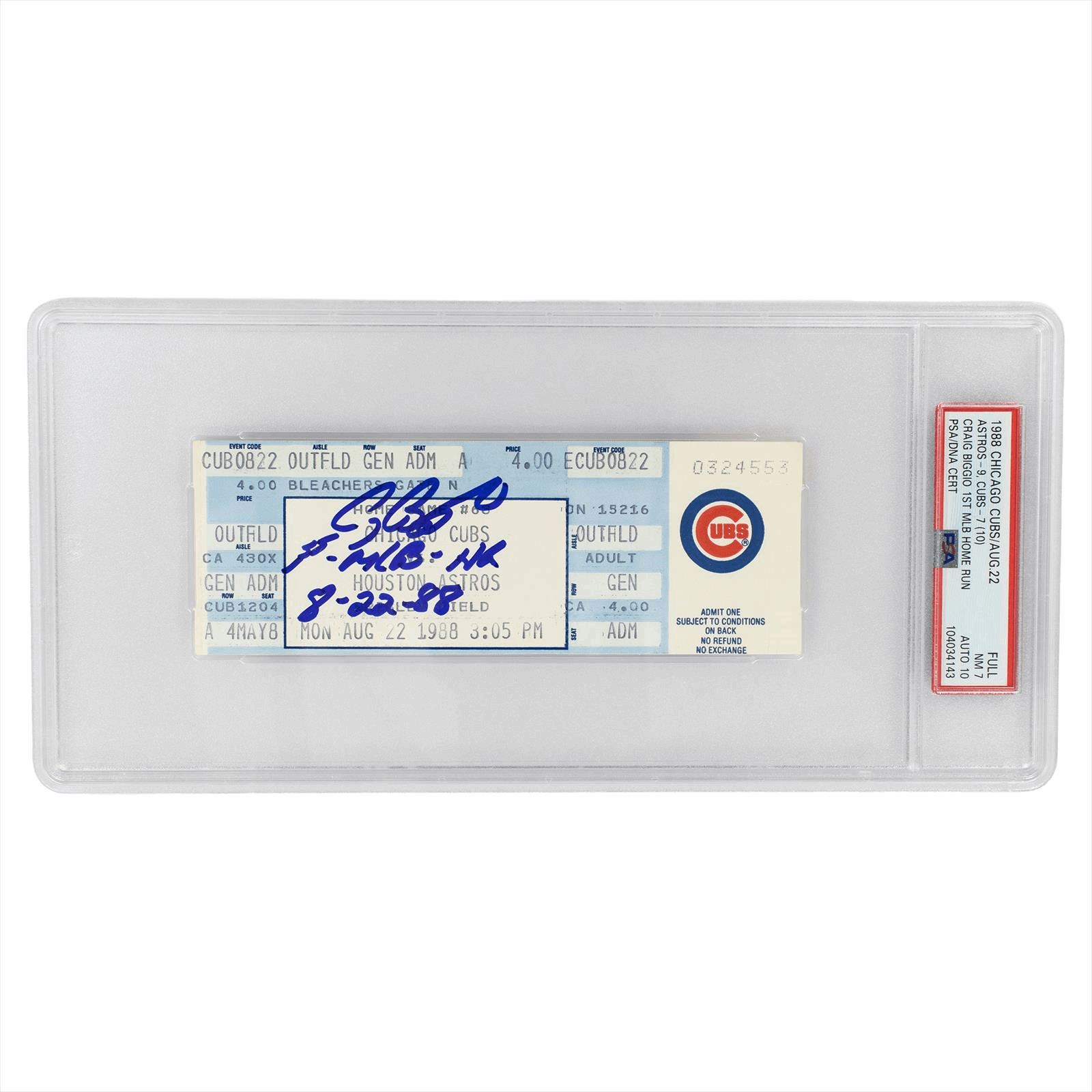 1988 CHICAGO CUBS/AUG.22 ASTROS-9 CUBS-7(10) CRAIG BIGGIO 1ST MLB HOME RUN PSA/DNA CERT FULL NM7 AUTO 10 