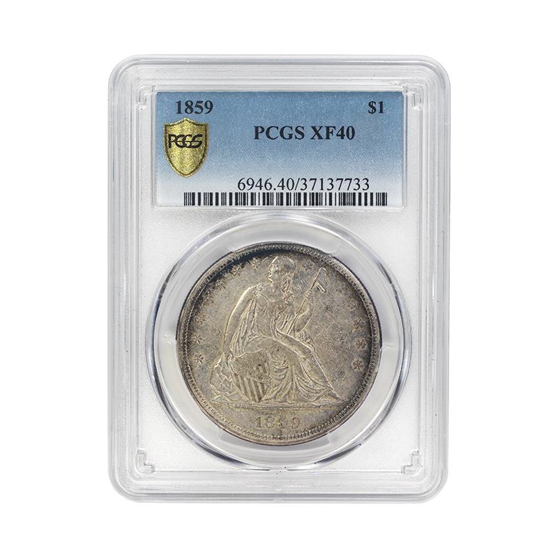 1859 Seated Liberty Silver Dollar No Motto $1, PCGS XF40 - Better Date