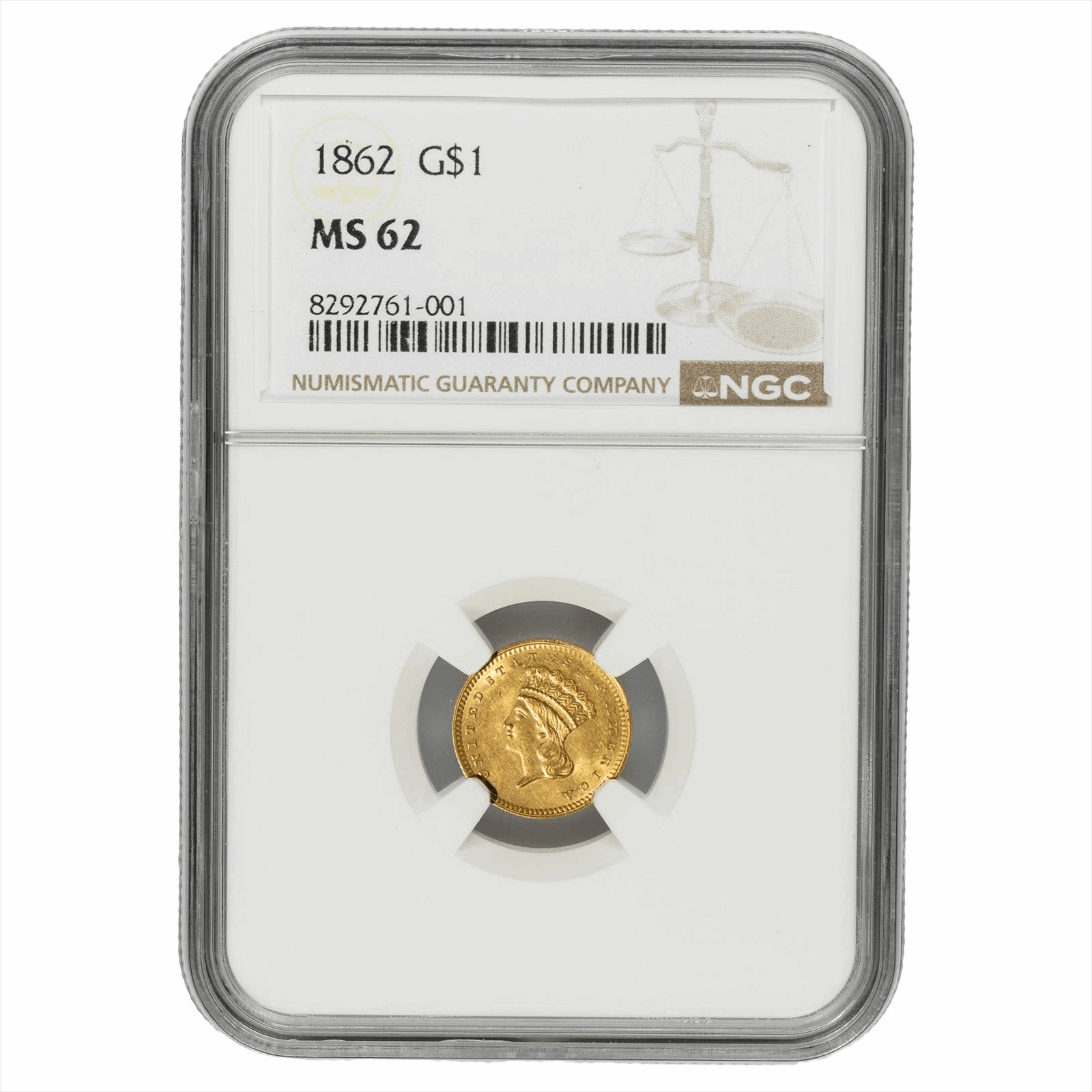 1862 Large Indian Princess Head Gold Dollar $1 NGC MS 62