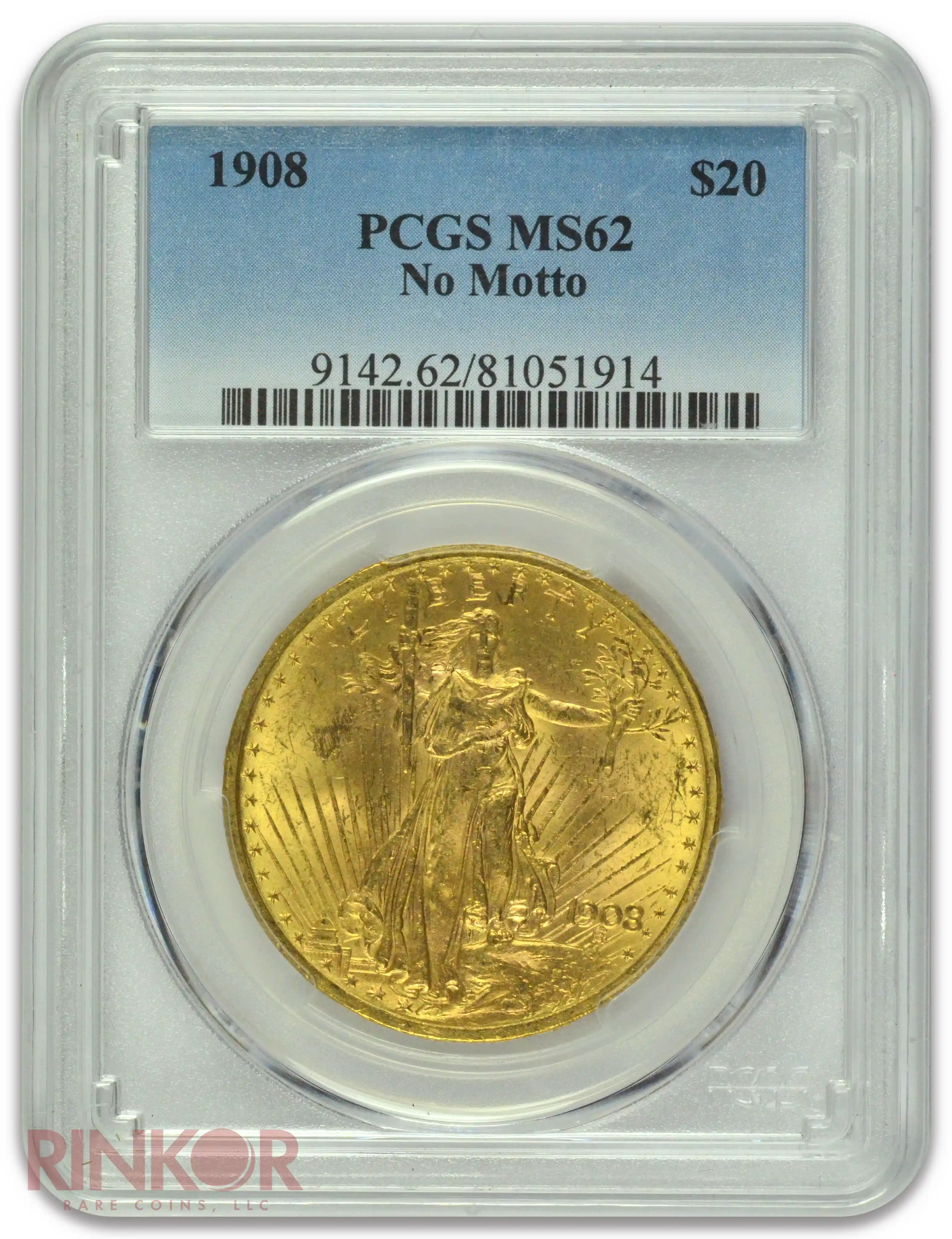 1908 No Motto St. Gaudens $20 PCGS MS 62