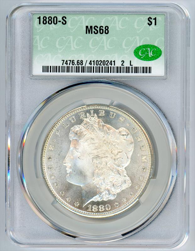 1880-S Morgan Silver Dollar $1, CACG MS-68 CAC - Frosty White PQ+ Coin