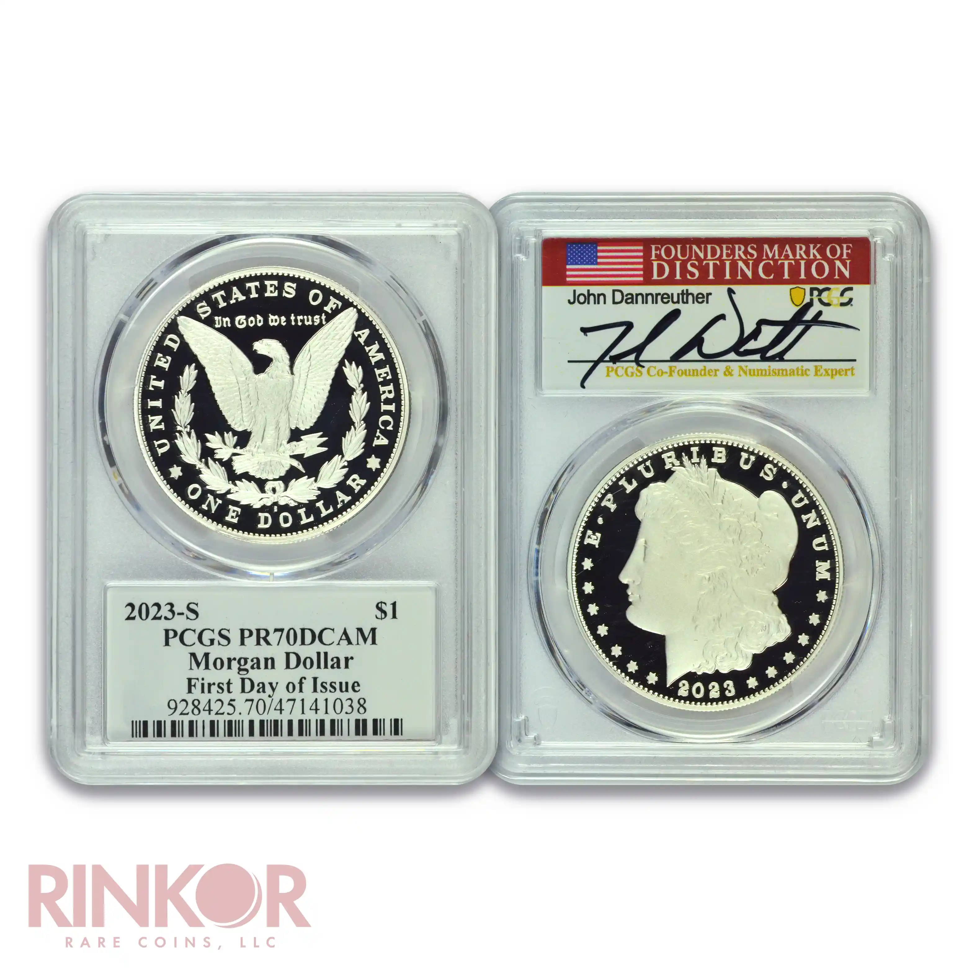 2023-S $1 Morgan and Peace Dollar 2-Coin Set FDOI Dannreuther Sig PCGS PR 70
