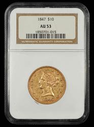 1847 $10 Gold NGC AU53