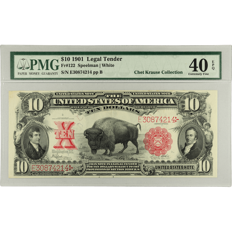 1901 $10 Legal Tender, Bison Note Fr. 122, PMG  40 Extremely Fine EPQ - Chet Krause Collection