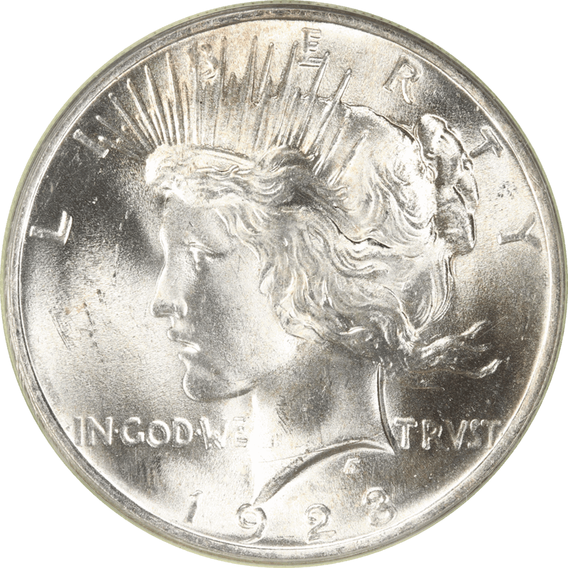 1923 Silver Peace Dollar $1, PCGS MS 64 - White, Untoned - OGH 