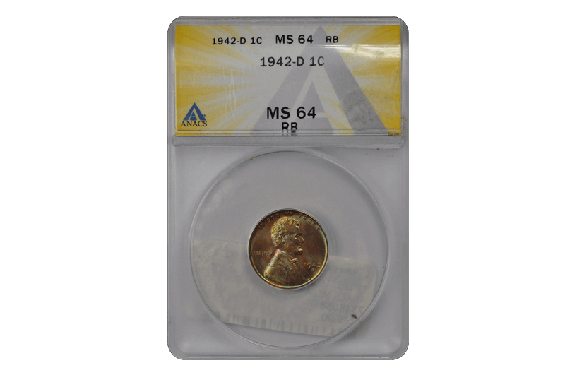 1942-D 1C Lincoln Cent - Type 1 Wheat Reverse PCGS RB ANACS #3453-4 MS64