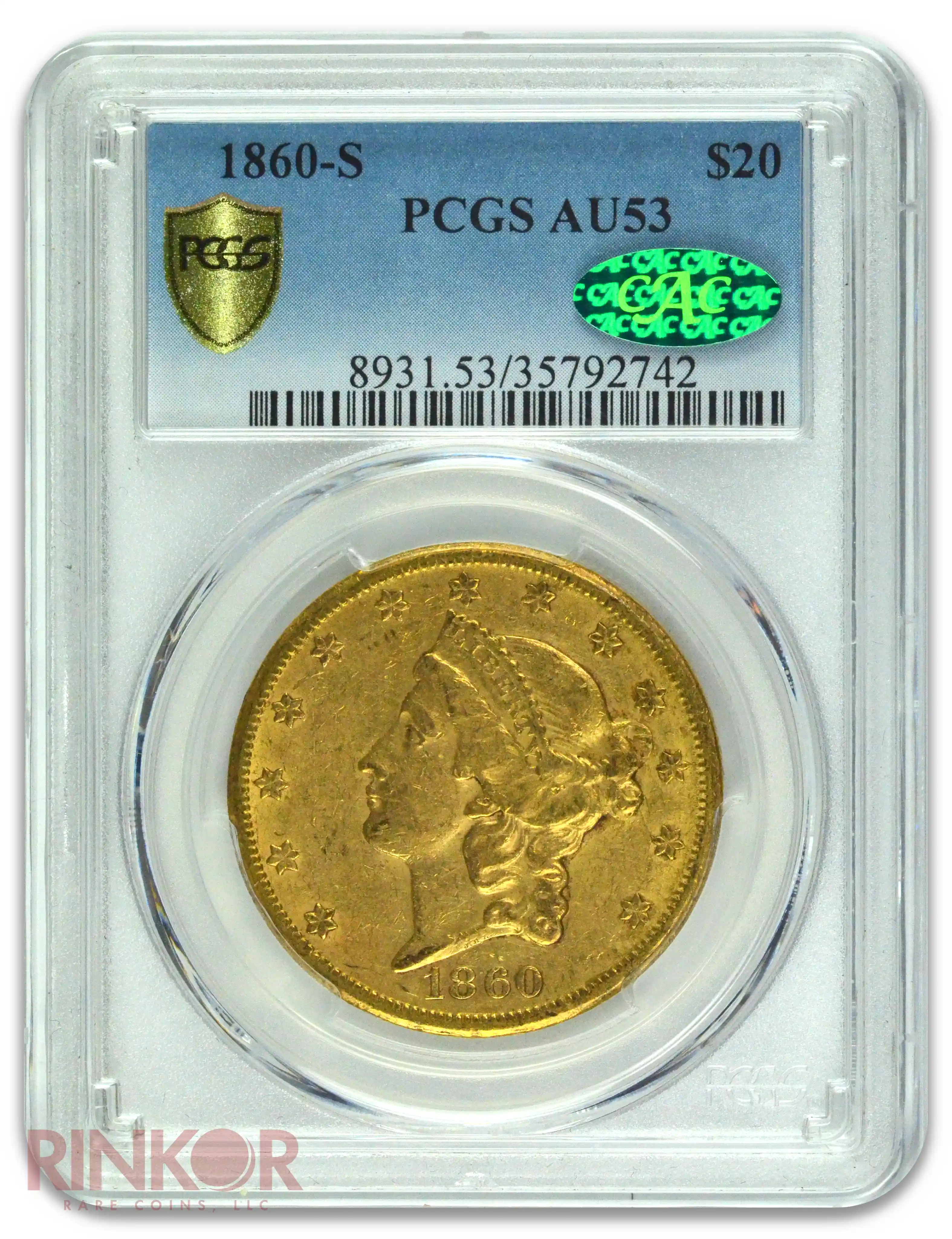 1860-S $20 Liberty Head PCGS AU-53 CAC