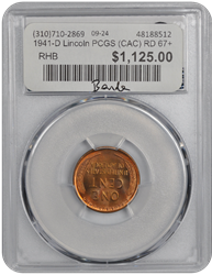 1941-D Lincoln PCGS (CAC) RD 67+ 