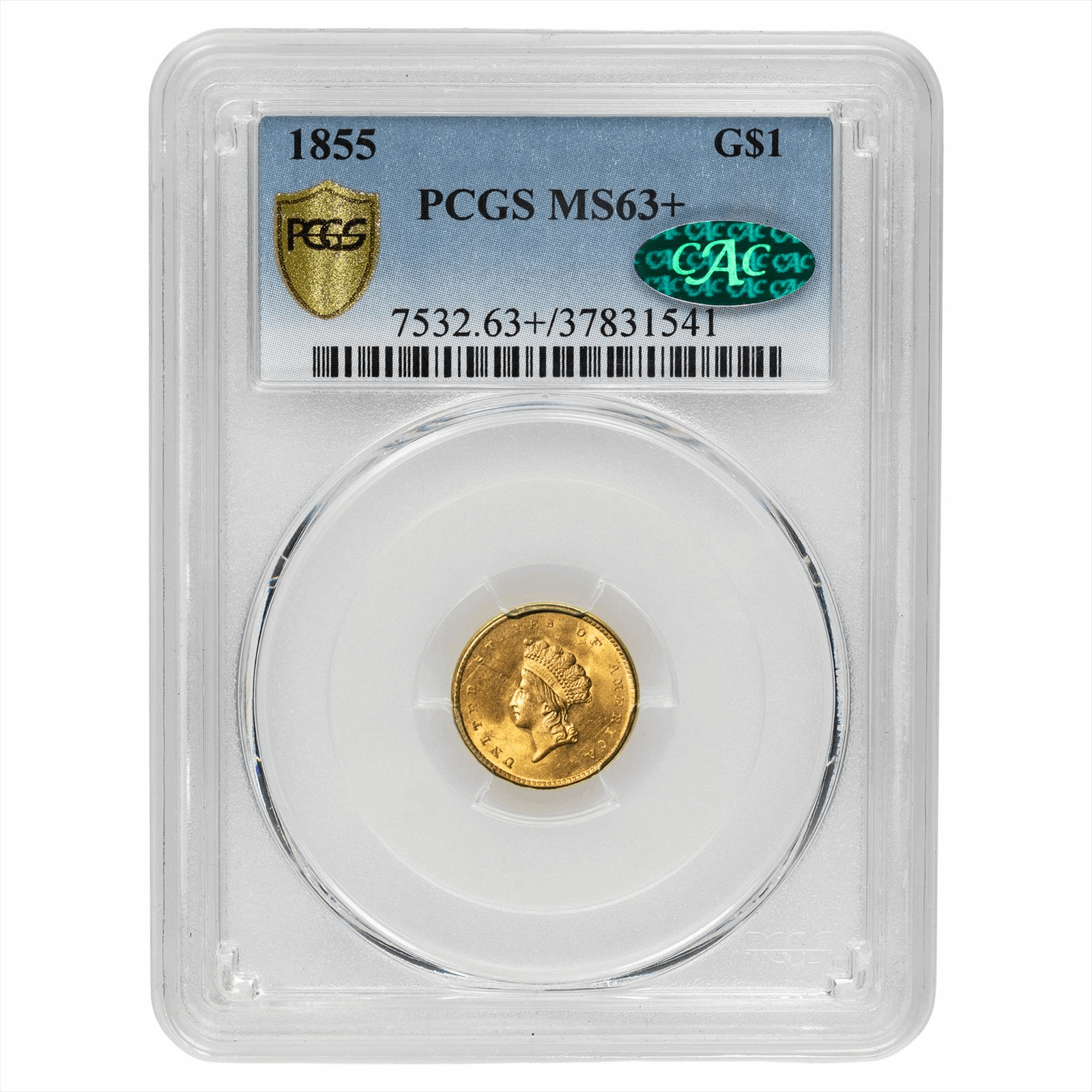 1855 Indian Princess Head Dollar G$1, PCGS MS 63+ CAC - Type - Second Year of the Type Two Design