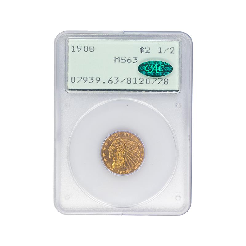 1908 Indian Head Quarter Eagle Gold, $2.5 PCGS  MS-63 CAC - First Generation Holder