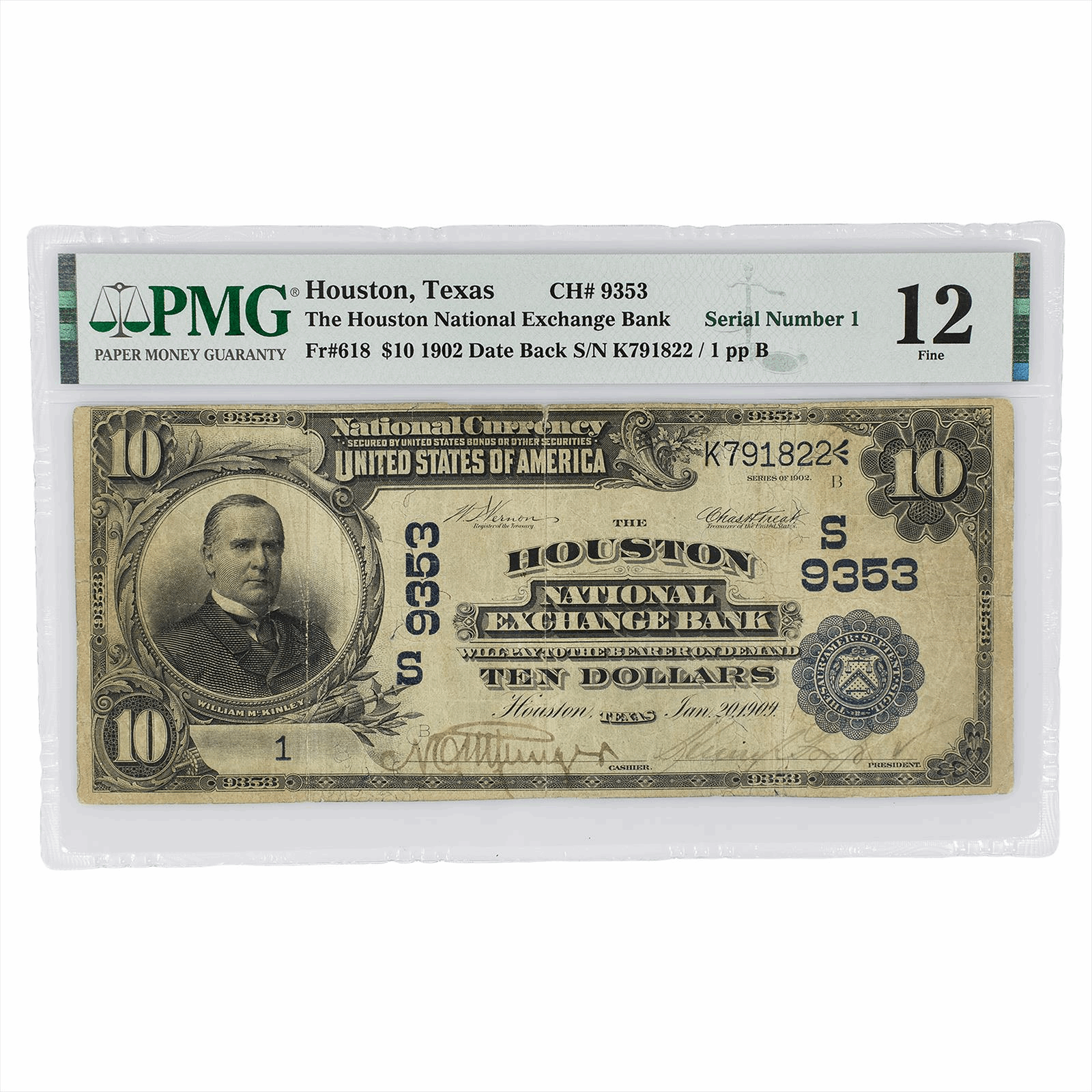 1902 Houston National Exchange Bank $10 Houston TX FR618 CH#9353 PMG 12