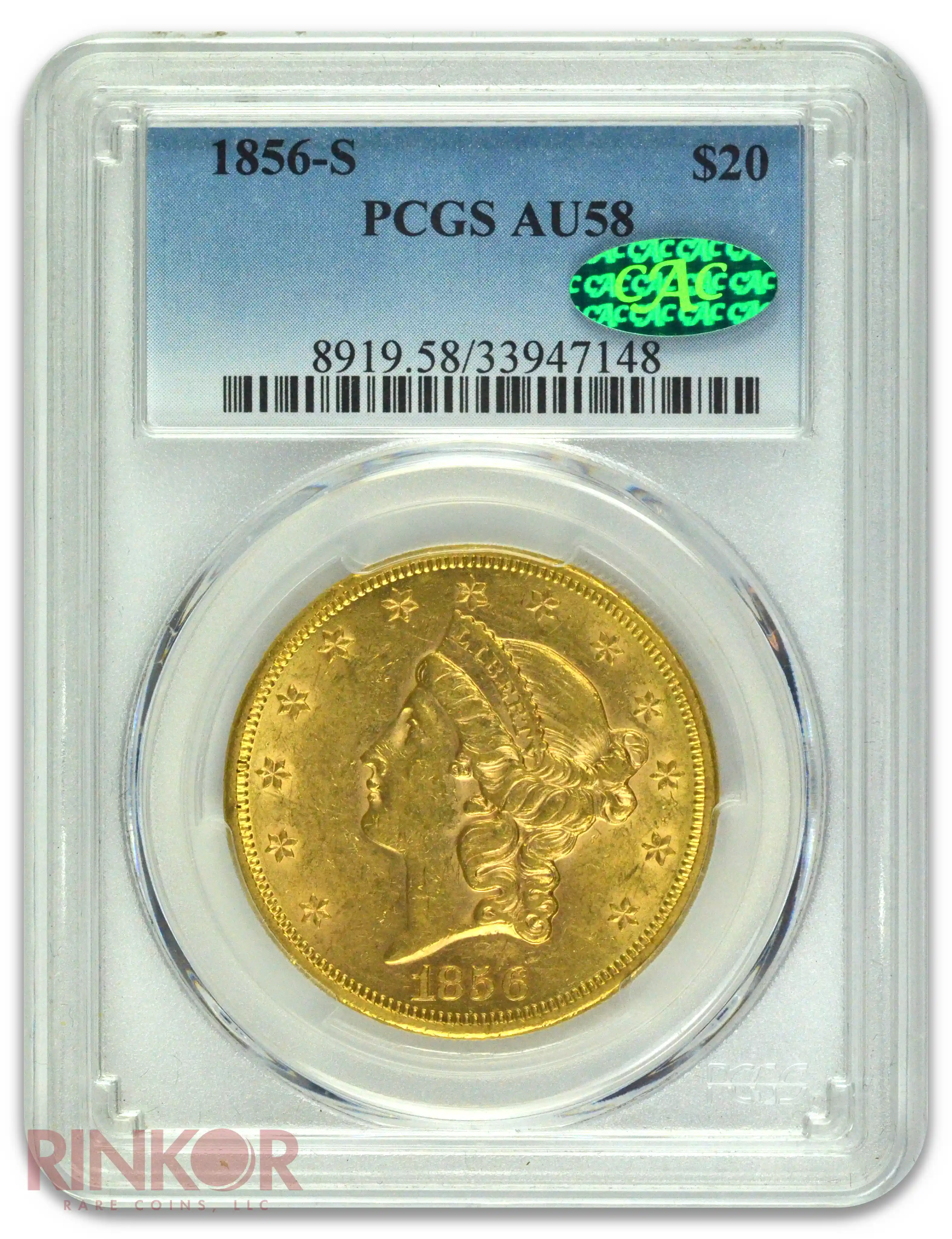 1856-S $20 Liberty Head PCGS AU-58 CAC