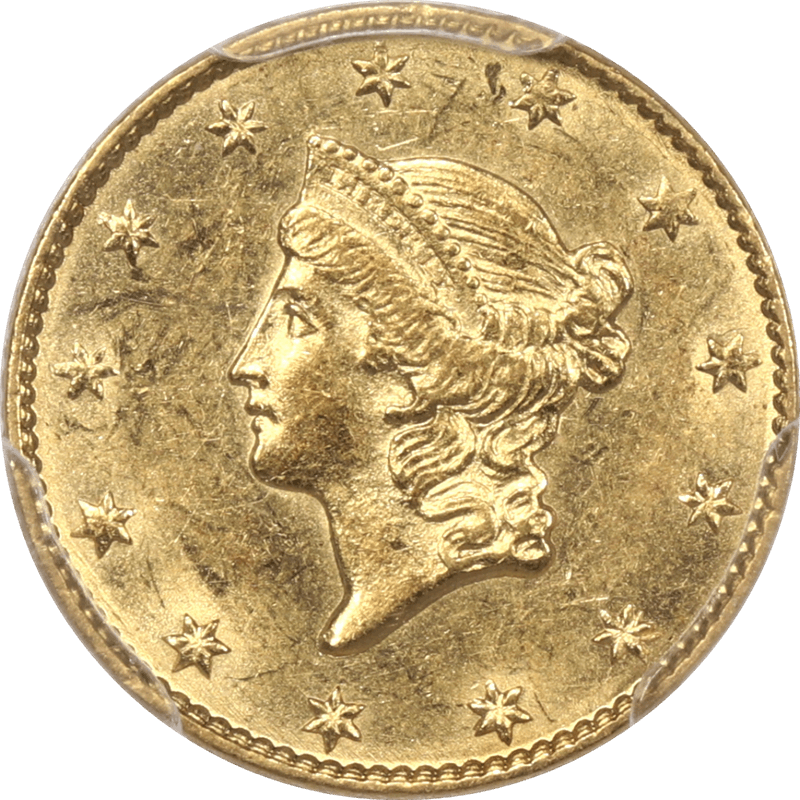 1849 Liberty Gold Dollar, Type-1, PCGS MS61 CAC - Open Wreath 