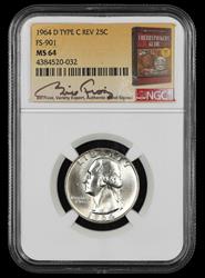 1964 D Washington Quarter NGC MS64 Type C Reverse FS-901 Bill Fivaz Signature Label MS64