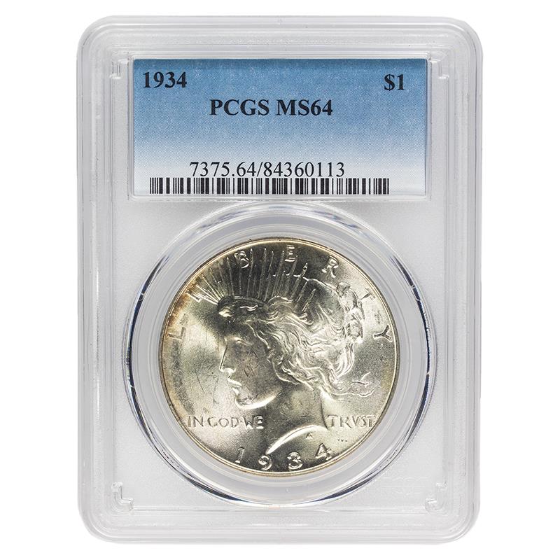 1934 Peace Silver Dollar, $1 PCGS MS 64 - Nice Original Coin